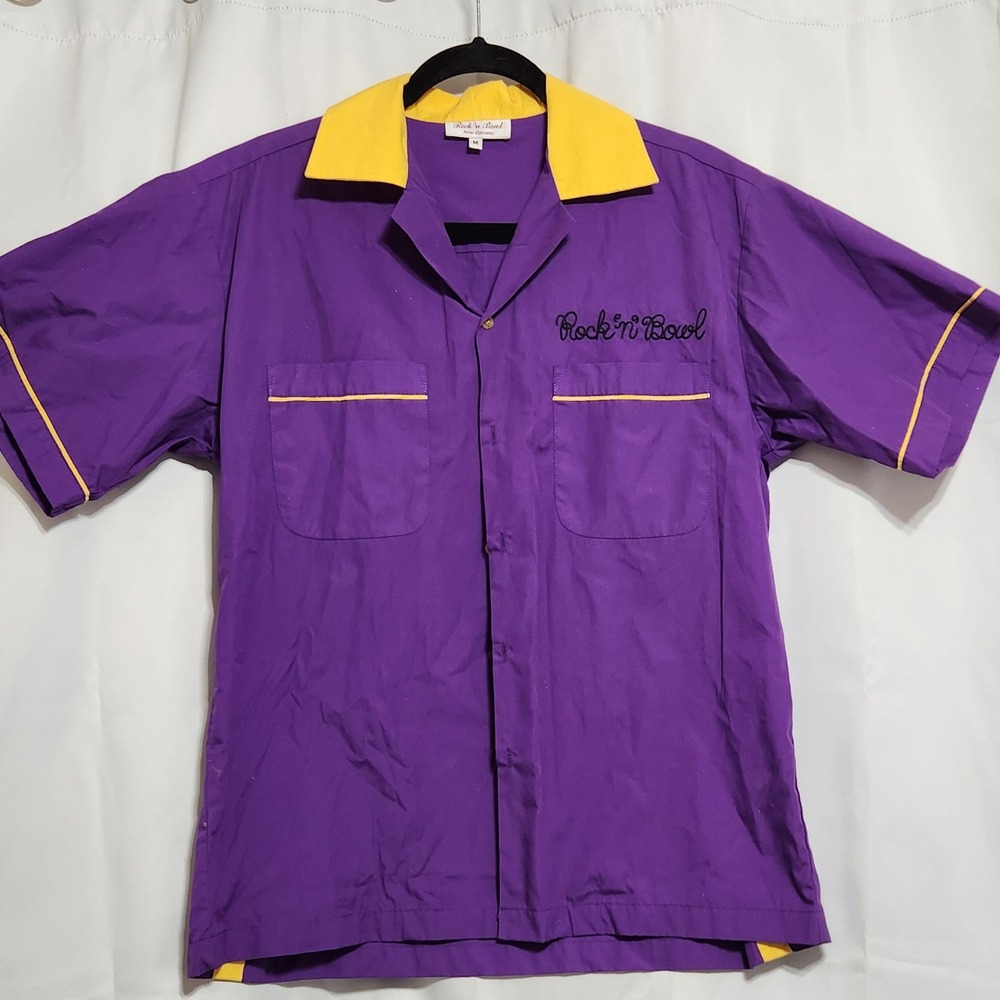 Rock 'n' Bowl New Orleans Bowling Shirt Purple Yellow Mid City Lanes Mens Medium